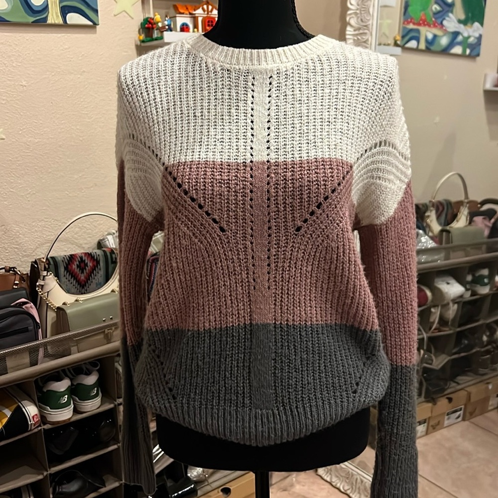 Pink Rose Knit Striped Sweater - Pink Grey White